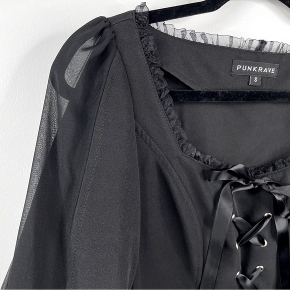 Punk Rave NEW Sexy Goth Long Sleeve Lace-Up A-Line Dress Black Square Neck Small - Picture 9 of 16